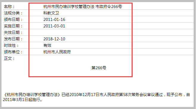 《杭州市民辦培訓(xùn)學(xué)校管理辦法 市政府令266號》截圖